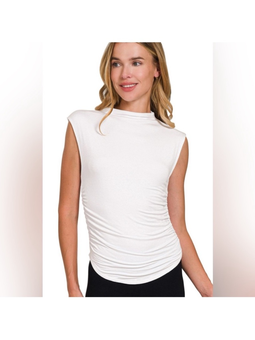 Zenana Outfitters White Mock Neck Ruched Sleeveless Tank